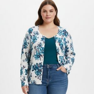 Time and Tru Floral Cardigan White Blue Knit Button Up Sweater XXL /20 Poetcore